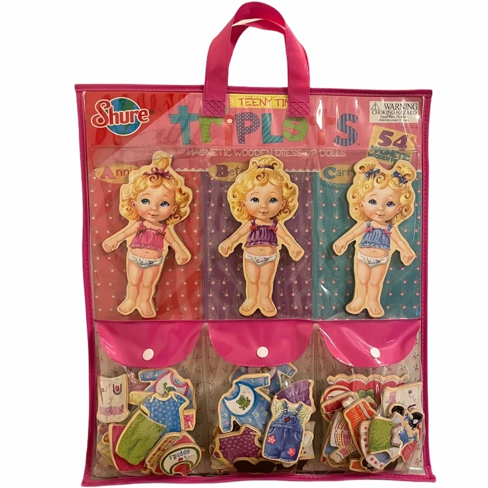 Vintage Wooden Doll Dress Up Set Magnetic Hard Wood Paper Dolls Outfits Tote Bag